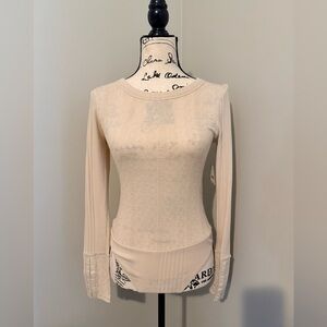 Free People Cream Long Sleeve Ribbed Knit Thong Bodysuit